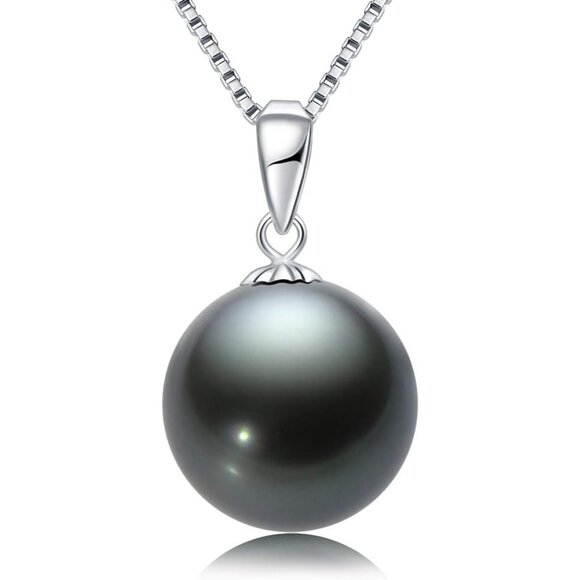 Black Tahitian Cultured Pearl Necklace 18K Gold Pendant Sterling Silver Chain fo